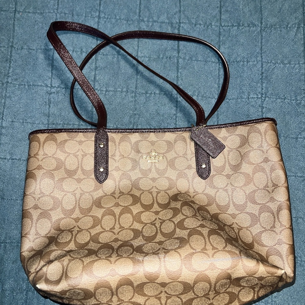 Coach Brown Signature Tote Bag with Leather Trim